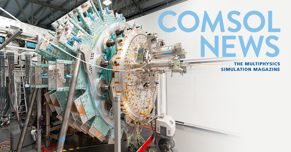 The cover of COMSOL News 2025, which features a real-world image of a fusion demonstration machine built by General Fusion.